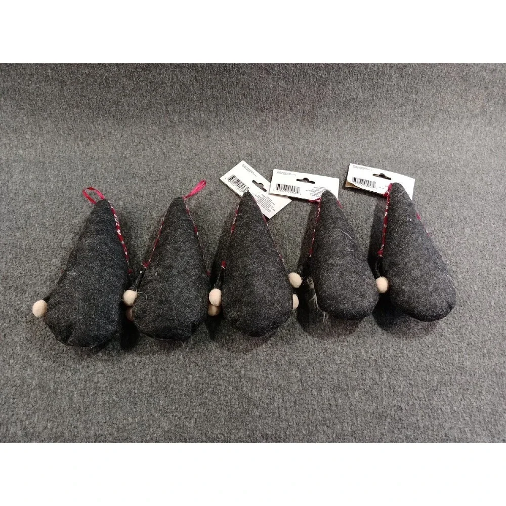 Lot of 5 Plush Christmas Gnomes Hanging Ornaments Decorations Gray With Red Hats